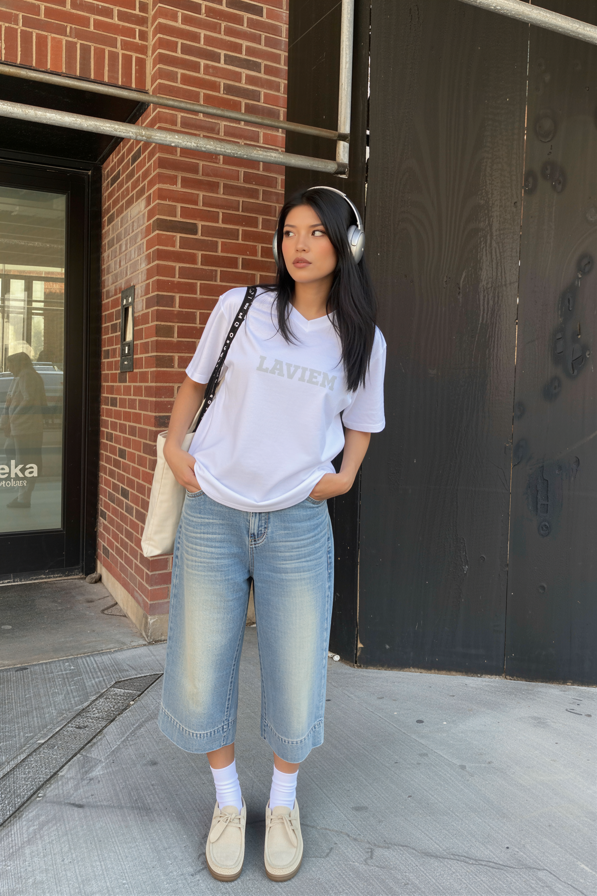 Woman wearing a white t-shirt with text, blue jeans, and beige shoes standing on a sidewalk.