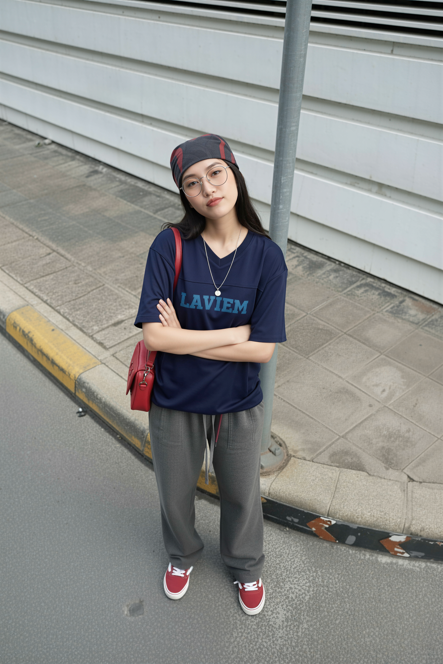 Person wearing a blue 'LAVIEM' t-shirt with gray pants and red shoes, standing on a sidewalk.