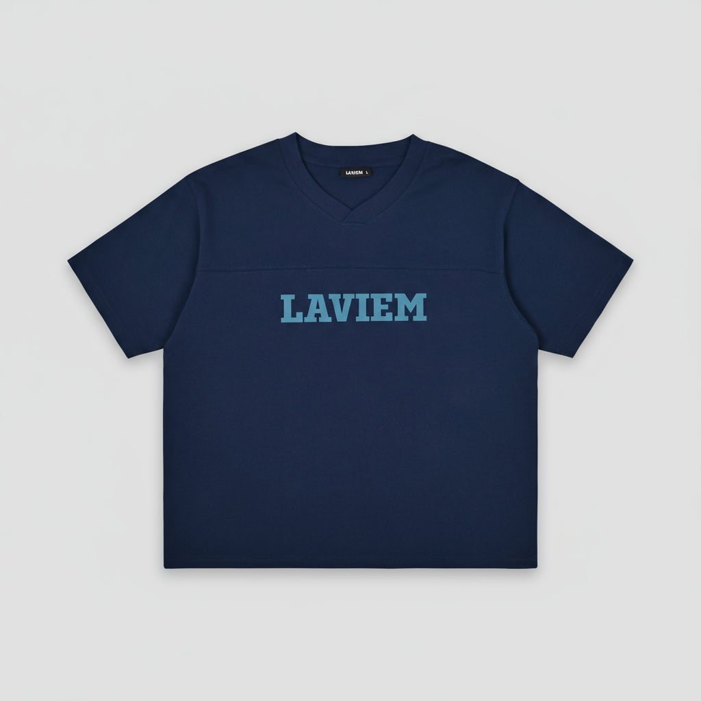 Navy blue t-shirt with 'LAVIEM' branding on a white background
