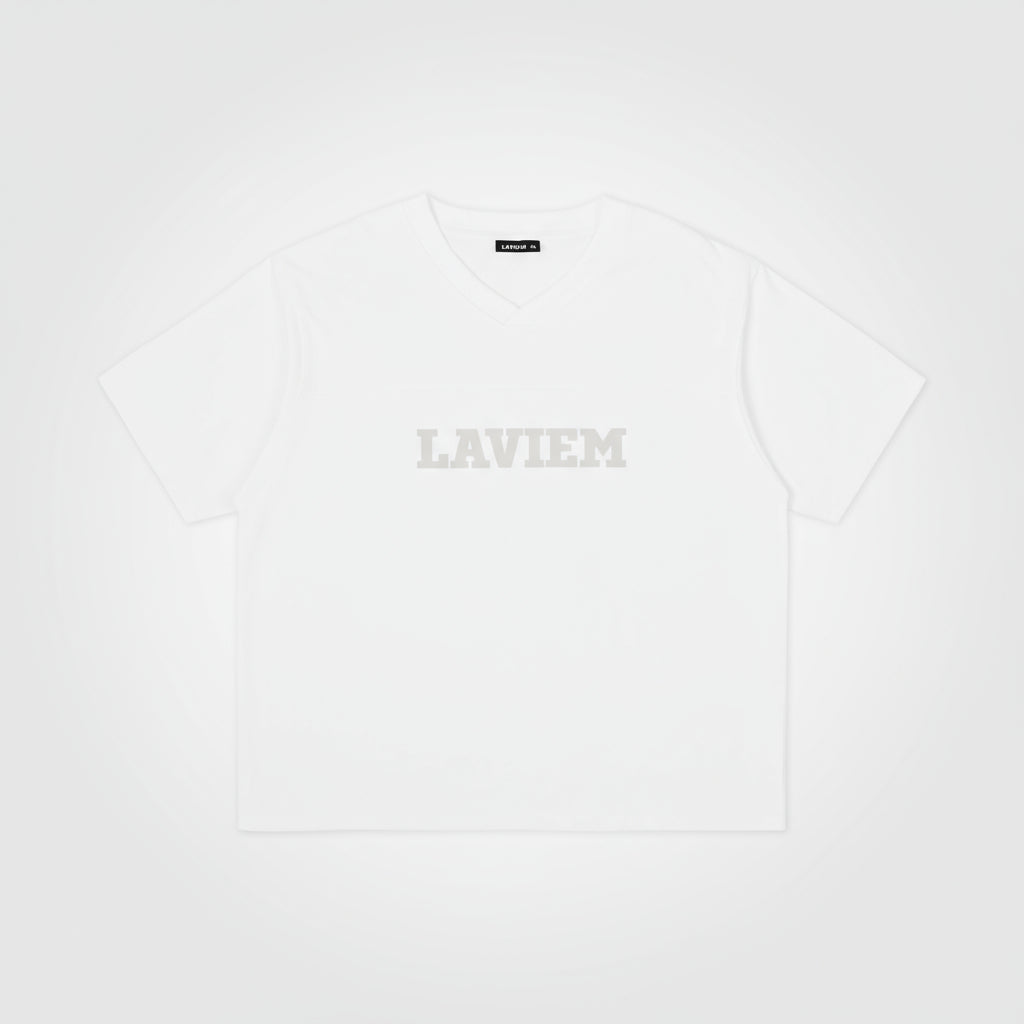 White t-shirt with 'LAVIEM' branding on a white background