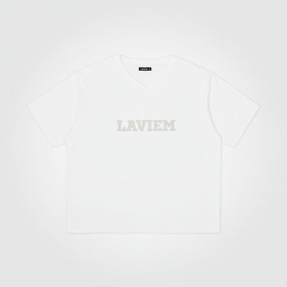 White t-shirt with 'LAVIEM' branding on a white background