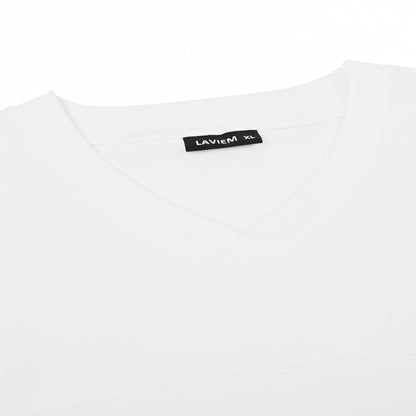 White t-shirt with a black label on a white background