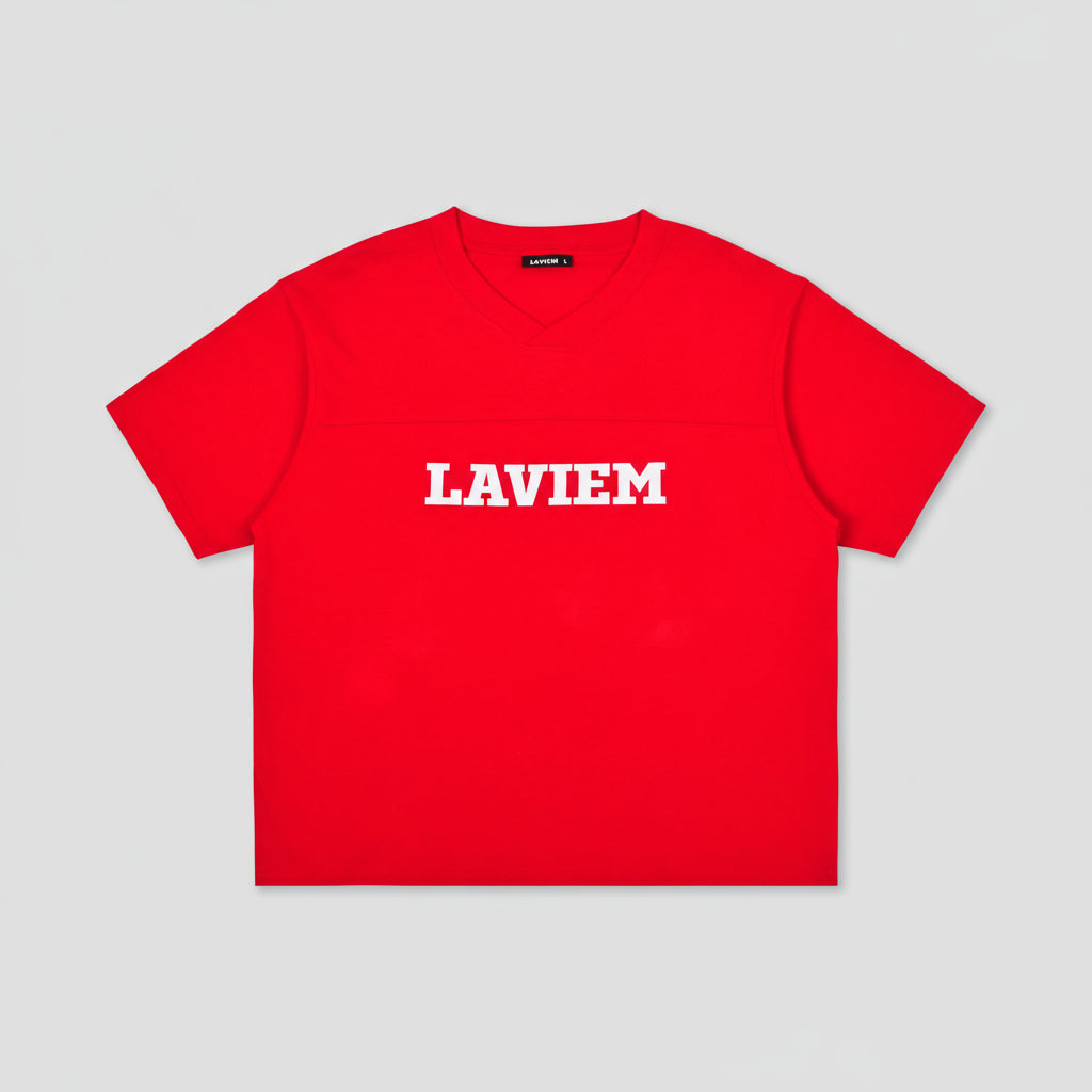 Red t-shirt with 'LAVIEM' printed on a white background