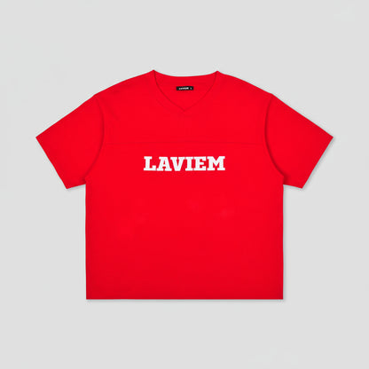 Red t-shirt with 'LAVIEM' printed on a white background