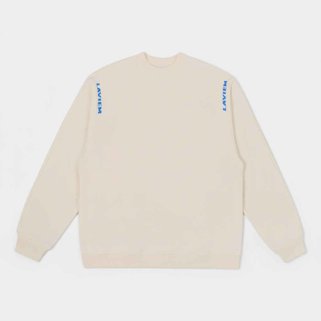 Beige sweatshirt with blue and black text on a white background